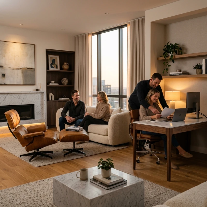 Escritório residencial premium com poltrona de couro e detalhes elegantes, representando casal e sociedade