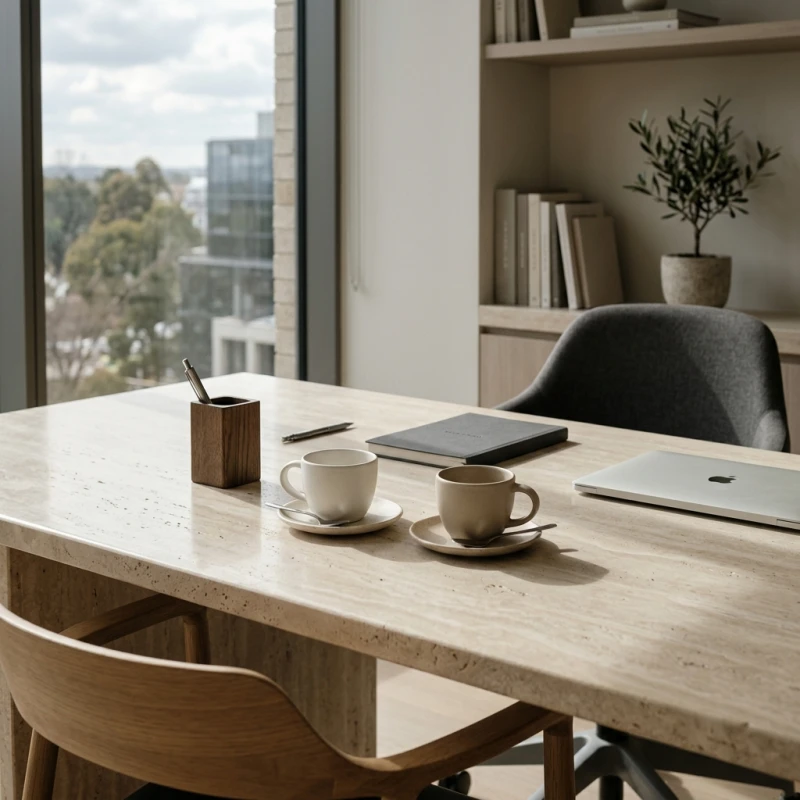 Mesa de escritório em mármore travertino com duas xícaras de café, expressando limites integrados