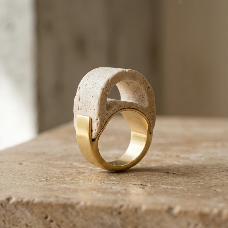 Escultura abstrata minimalista em travertino e dourado perfeitamente equilibrada, representando limites protetores