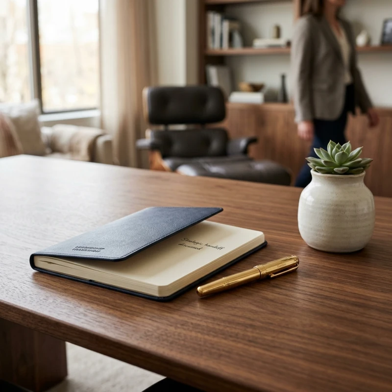 Mesa executiva minimalista em nogueira com bloco de notas e caneta dourada, simbolizando preparo e sucessão