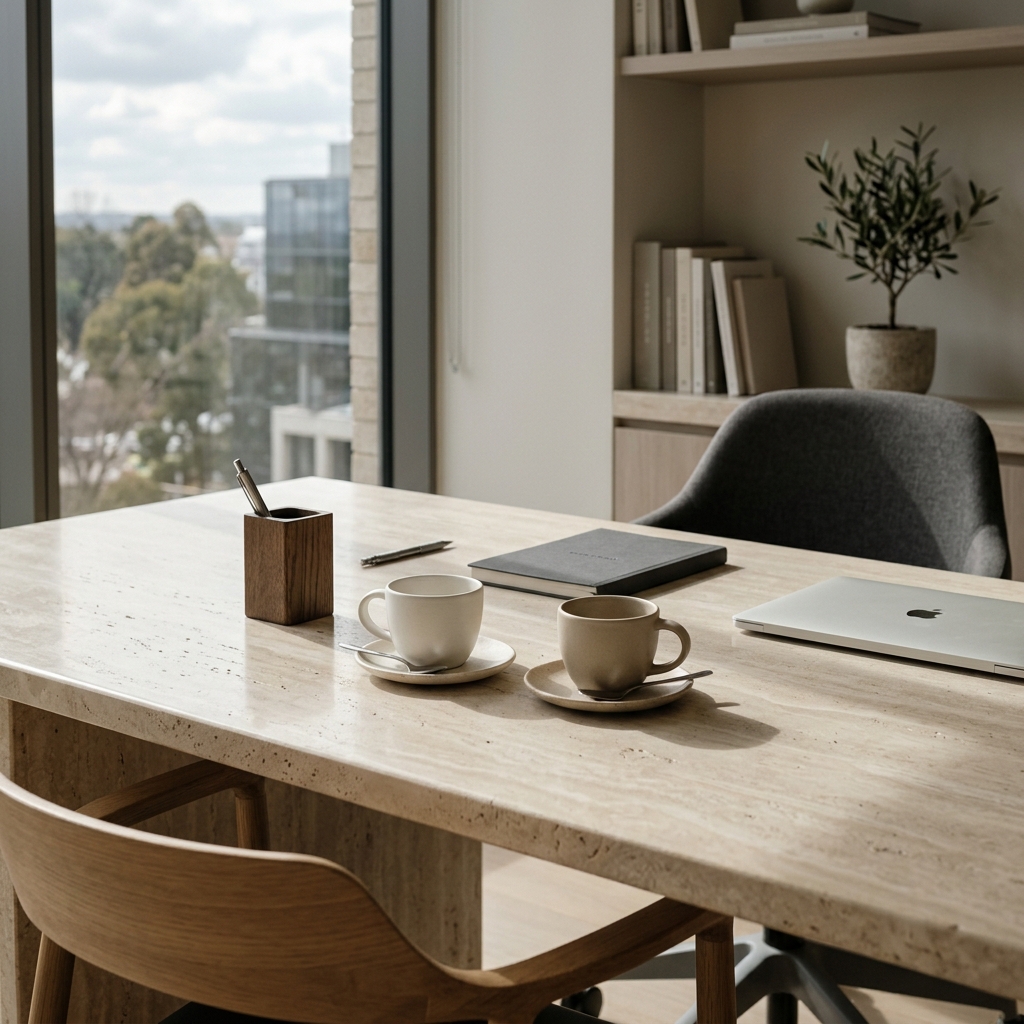 Mesa de escritório em mármore travertino com duas xícaras de café, expressando limites integrados
